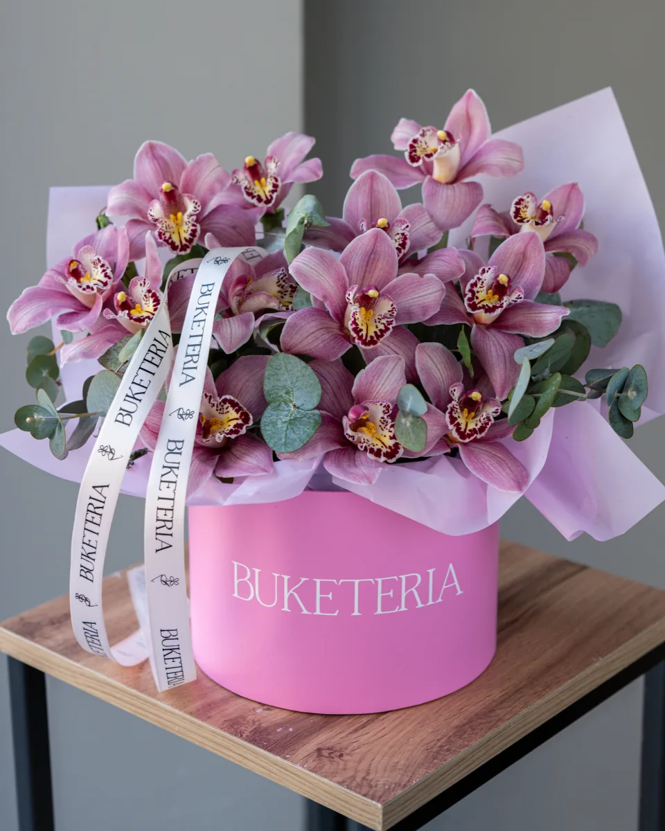 Lüks qutuda simbidium orkideyası kompozisiyası