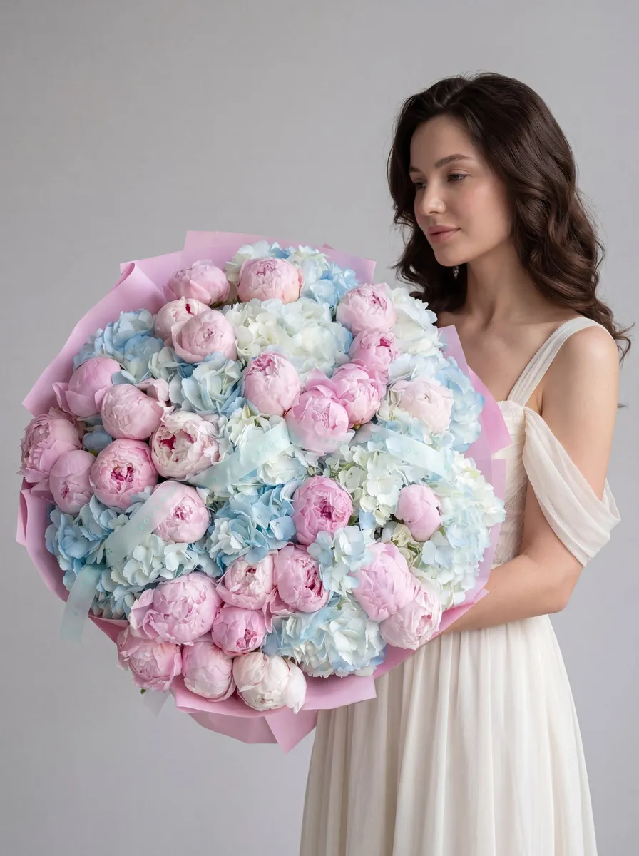 Peonies və mavi Gortenziya